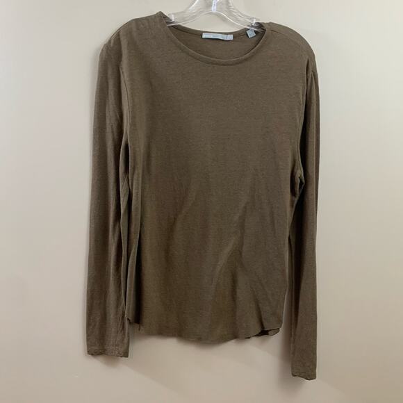 Vince Linen Raw Hem Army Green Long Sleeve Top - Picture 2 of 8